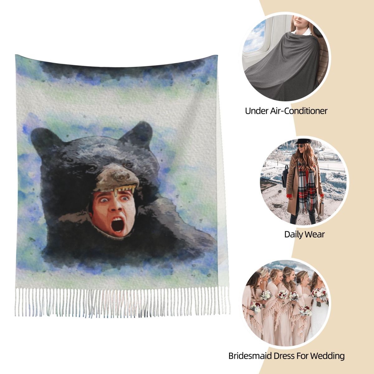 Cage Bear Watercolor Scarf for - Pashmina Wrap Large incelemesi ve fiyatı